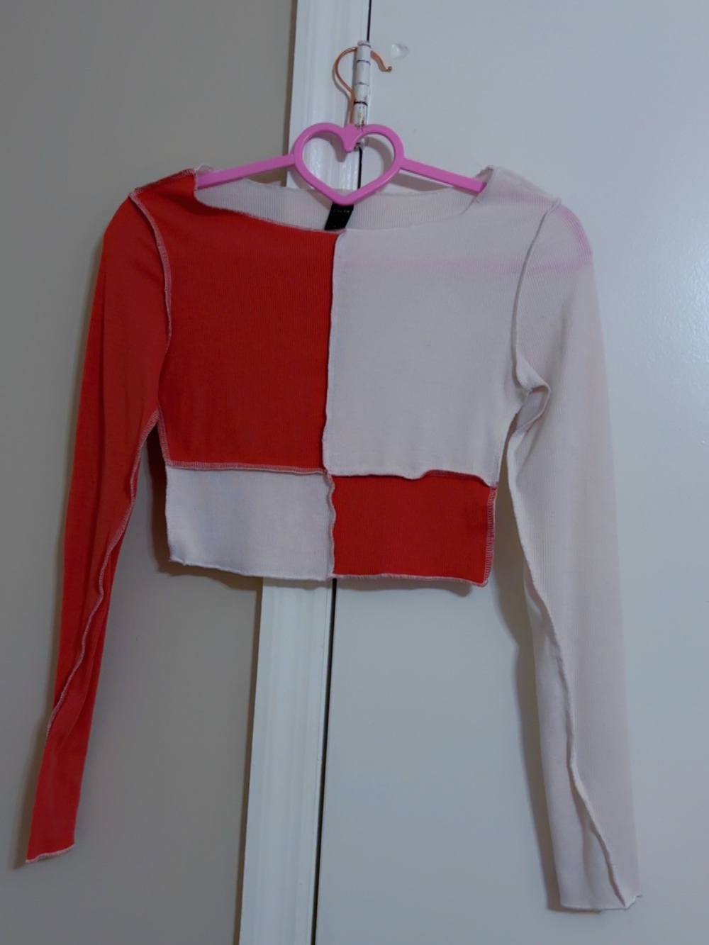 SHEIN Red & Cream Patchwork Ribbed Long Sleeve Crop Top